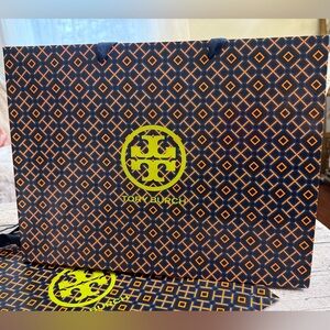 Tory Burch LARGE gift bag. 12 x 16 in. Iconic double T logo in navy and orange.